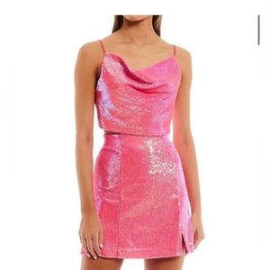 Hot pink sequin skirt with slit (matching top)
